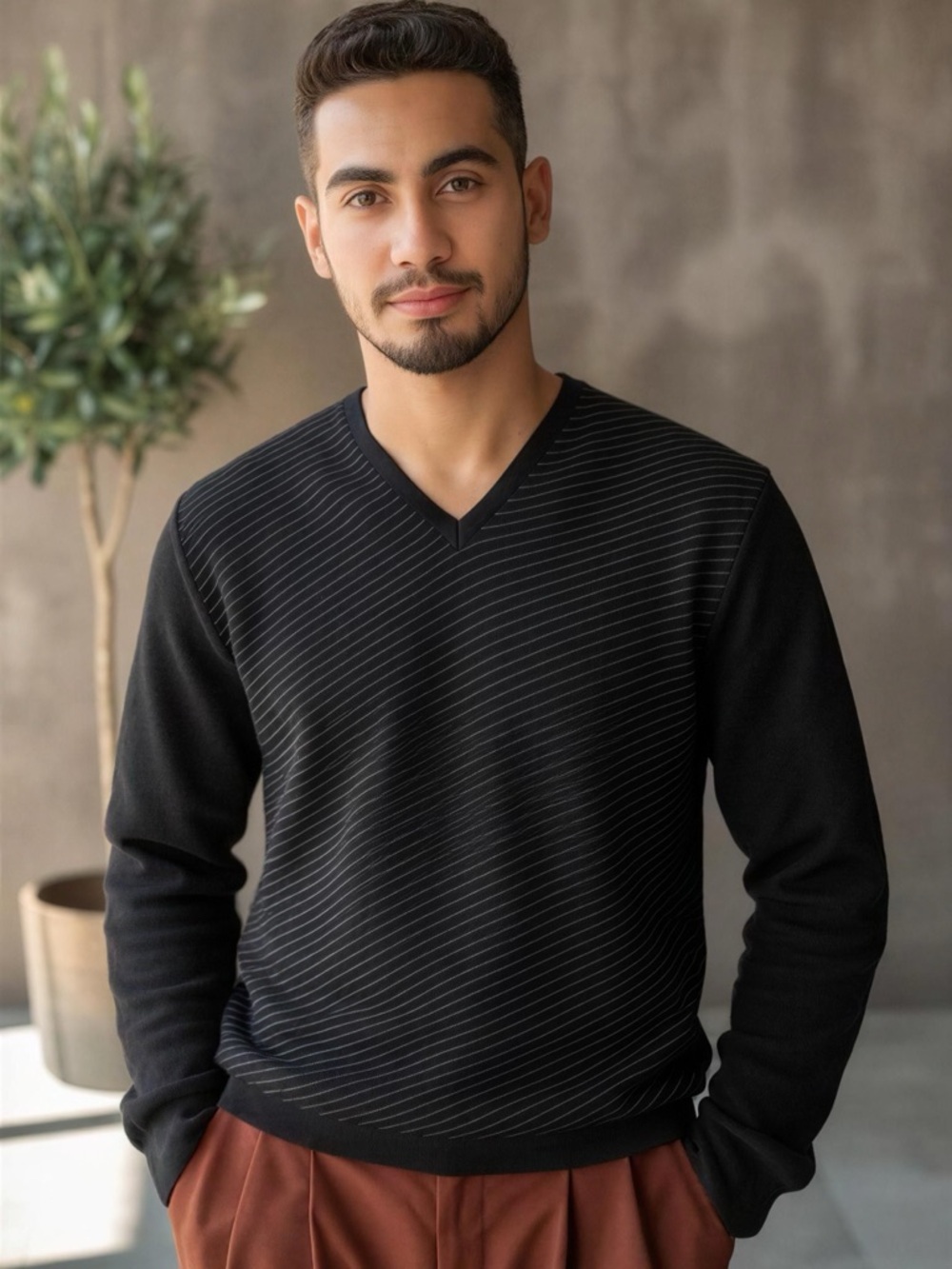 Boss Men's Black V-Neck Sweater with Stripe Detail